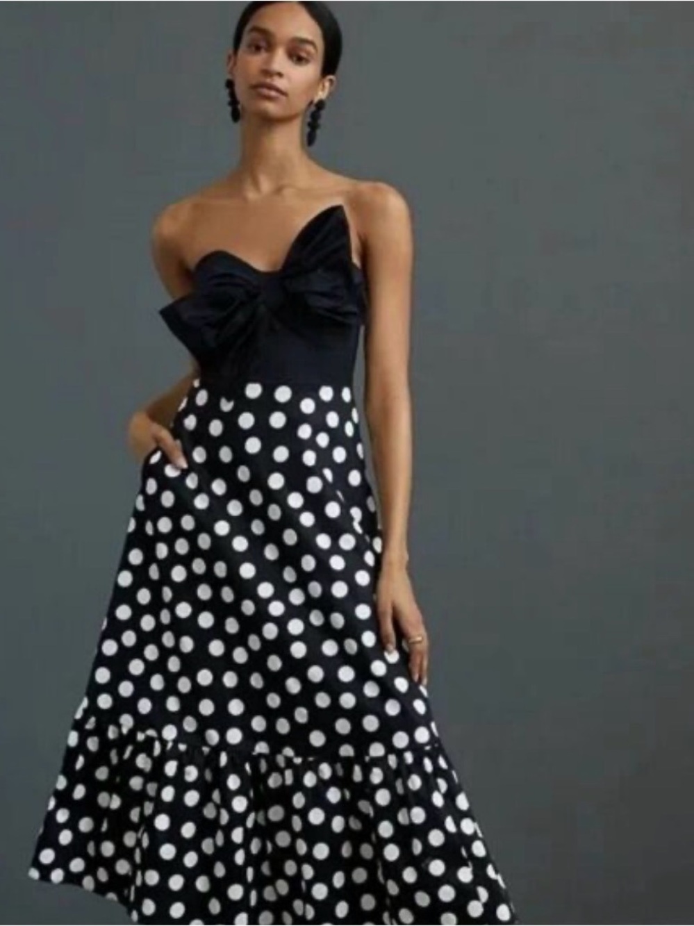 Anthropologie Black Polka Dot Strapless Midi Dress with Bow